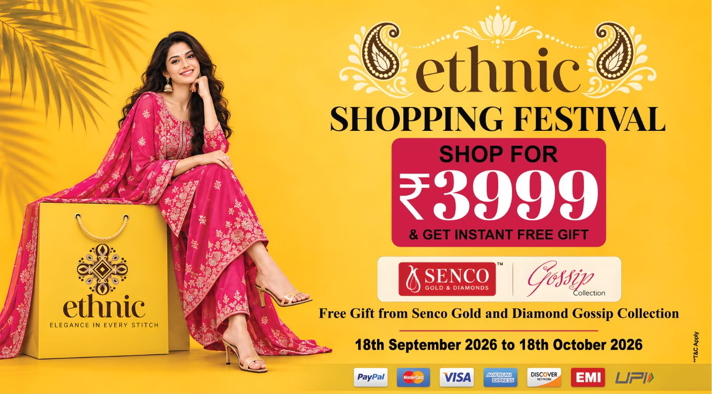 Ethnic Shopping Festival. Shop for ₹3999 and get an instant free gift from Senco Gold & Diamonds Gossip Collection. Offer 18 September to 18 October 2026.